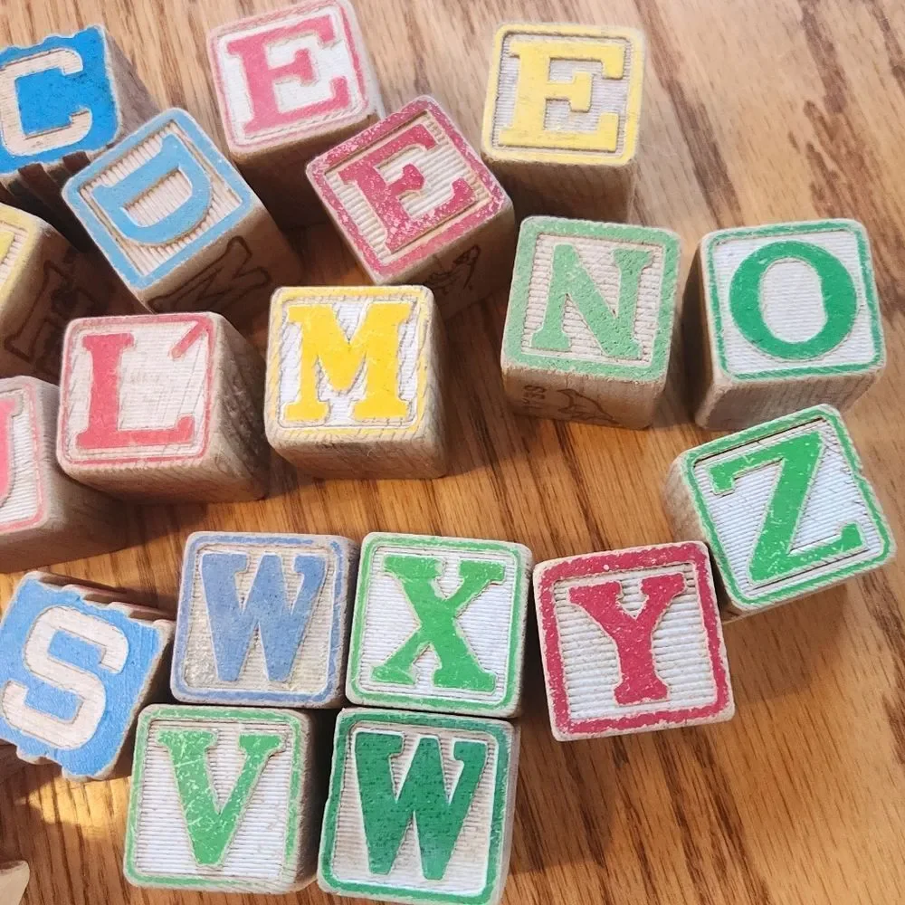 11 vintage wood building blocks-letters numbers & animals red blue yellow green